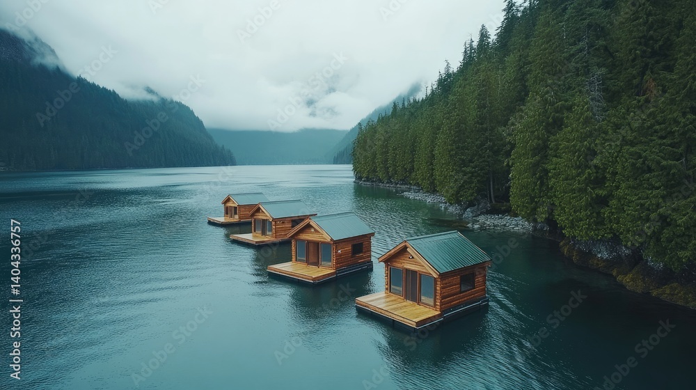 Naklejka premium Calm blue water gently touching edges of floating wood cabins in green forest