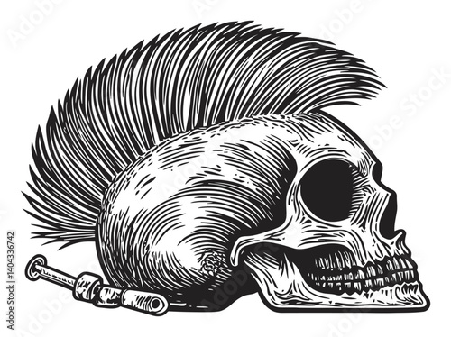 Skull with Mohawk Hairstyle Engraving in Black and White Design
