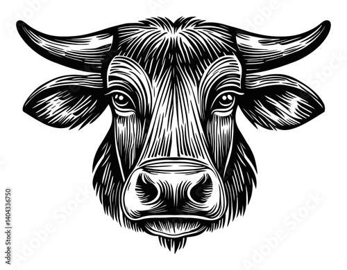 Engraving of a Detailed Cow Head with Intricate Line Work