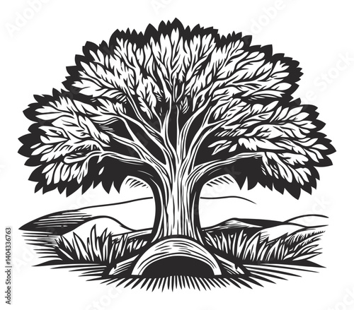 Detailed Black and White Engraving of a Majestic Tree Design