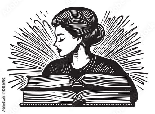 Elegant Engraving of a Woman with Open Book and Radiant Background