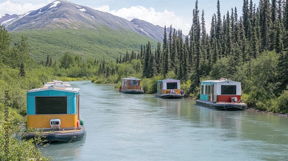 Naklejka premium Clear water stream running beside line of rustic raft-style floating cabins