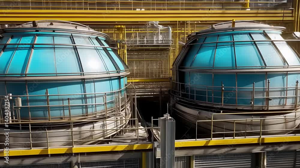 Two Large Cooling Towers in an Industrial Plant with Glass Domes and Yellow Support Structure

