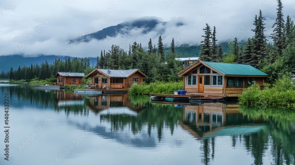 Emerald green water reflecting cloudy sky and rustic floating cabins Emerald green water reflecting cloudy sky and rustic floating cabins