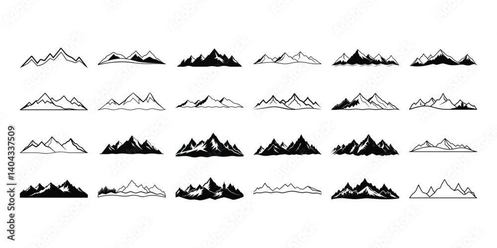 Various mountain range silhouettes are displayed in different black and white styles arranged in a neat row on a white background