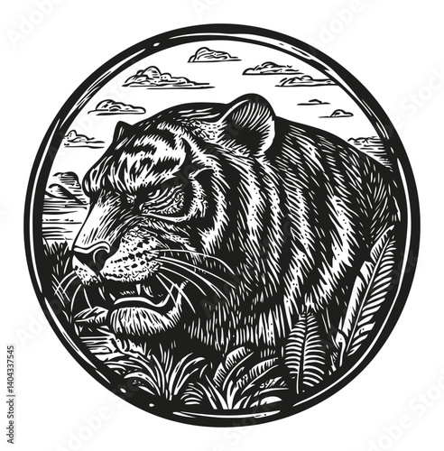 Detailed Black and White Engraving of a Majestic Tiger in Nature