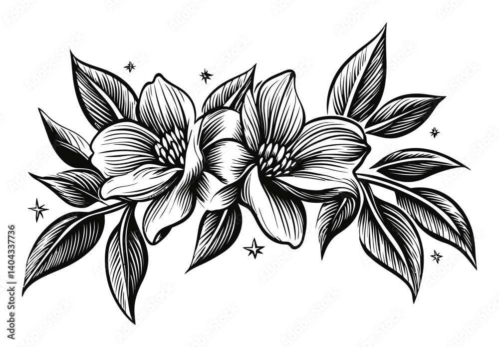 Fototapeta premium Elegant Floral Engraving of Magnolia Flowers with Leaves and Stars