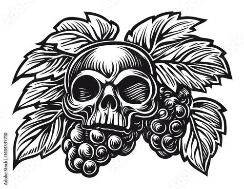 Intricate Black and White Engraving of Skull with Grapes and Leaves