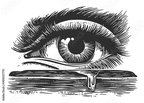 Detailed Black and White Engraving of an Eye with Tear