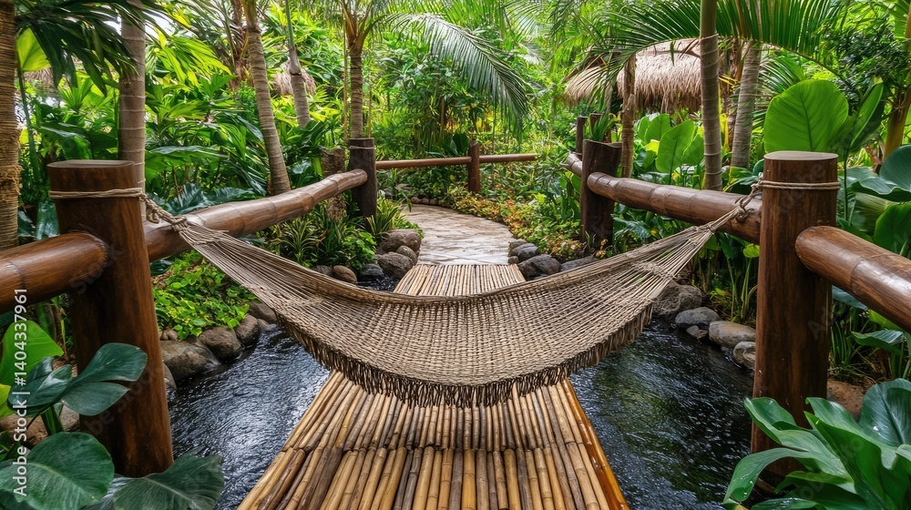 Hammock tied to bamboo railings above stream at peaceful water resort