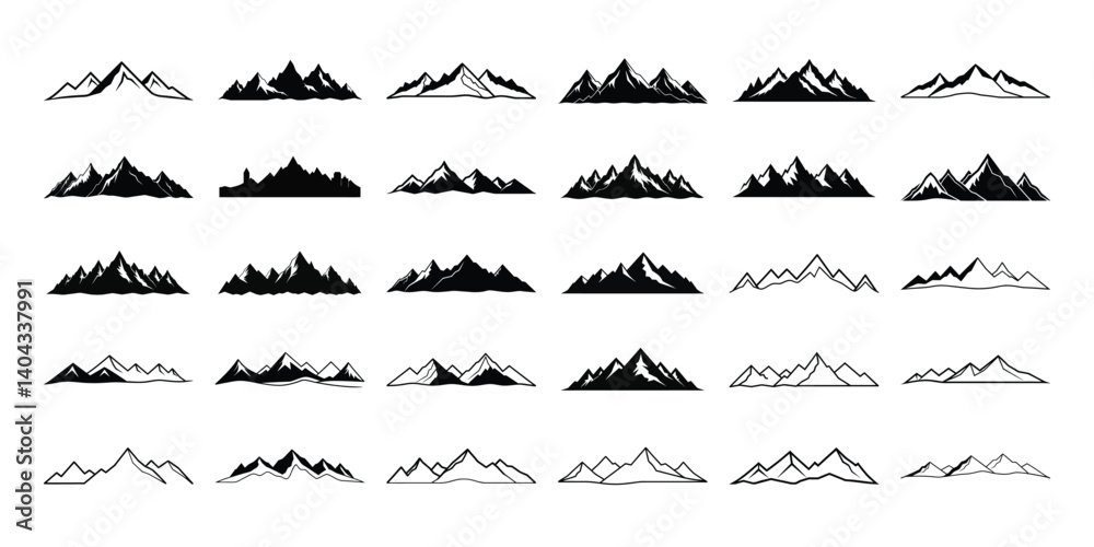 A collection of simple black and white mountain range illustrations displayed in rows with varying peaks and line styles