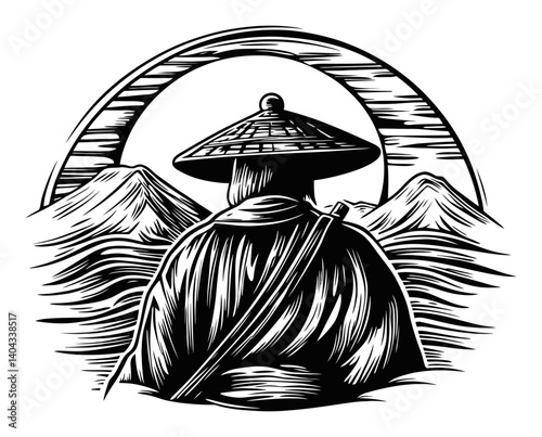 Serene Engraving of a Monk Facing Abstract Mountains and Sunrise