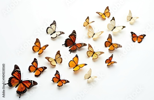 Group of colorful butterflies isolated on white background. Bright orange, yellow, black, white wings. Summer time, nature, design concept for holiday cards, invitations, posters, textile, wallpaper.