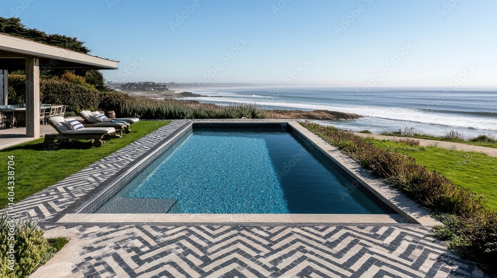 Fototapeta premium Oceanfront swimming pool with geometric tile patterns and vibrant summer decor