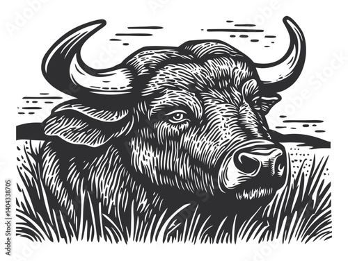 Detailed Engraving of a Bull's Head Surrounded by Grass