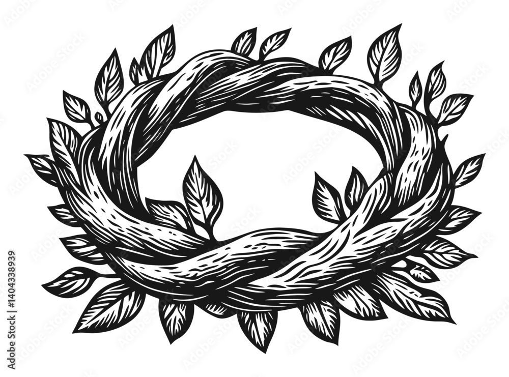 Obraz premium Intricate Engraving of a Leafy Wreath Design in Black and White