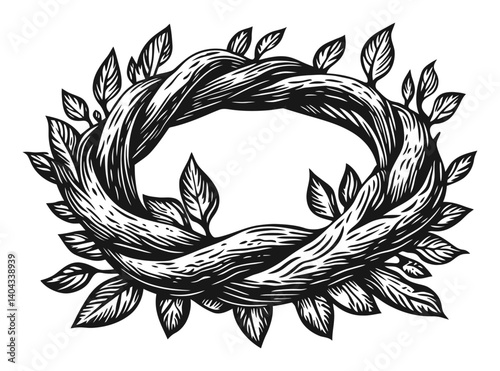 Intricate Engraving of a Leafy Wreath Design in Black and White