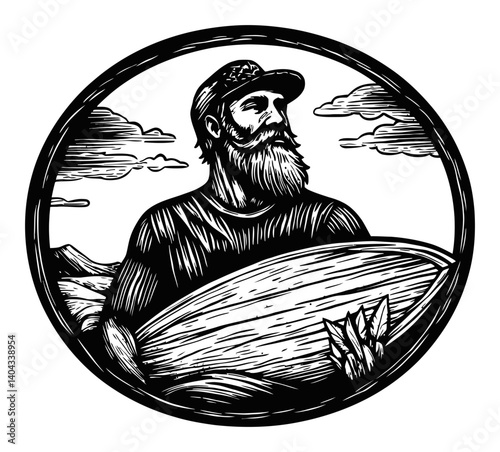 Male Surfer Holding a Surfboard in Engraved Style Artwork