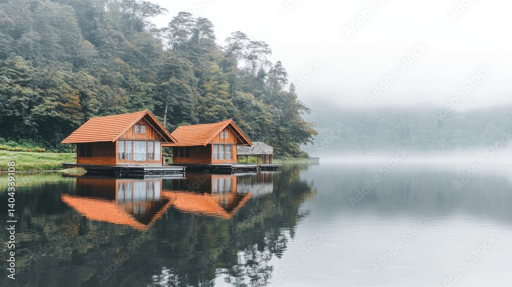 Obraz premium Peaceful lake scene with symmetrical reflection of floating bungalows