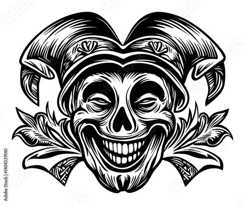 Intricate Engraving of a Jester Skull with Playful Expression