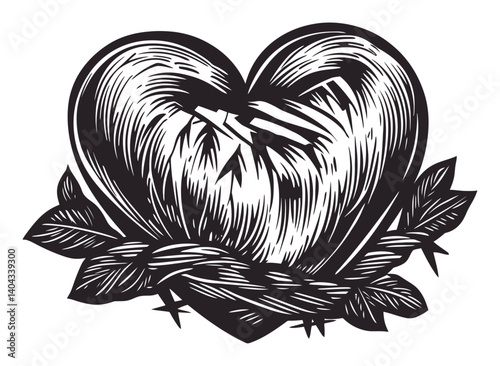 Intricate Engraving of a Heart Surrounded by Thorny Vines and Leaves