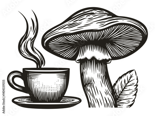 Vintage Engraving of Coffee Cup and Mushroom with Steam