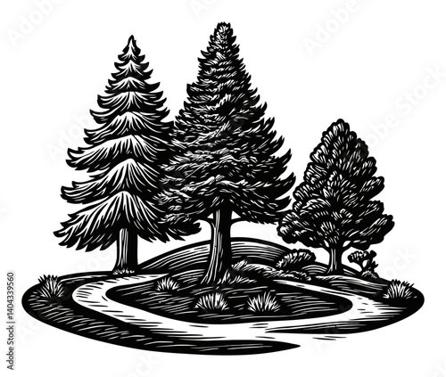 Detailed Black and White Engraving of Trees and Landscape Scene