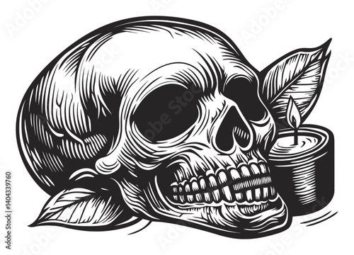 Skull Engraving with Candle and Leaves in Black and White Design