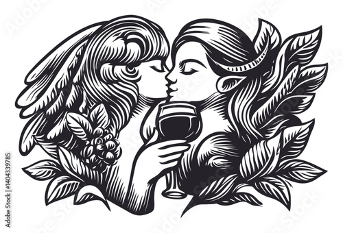 Engraved Romantic Embrace with Wine Glass and Nature Elements