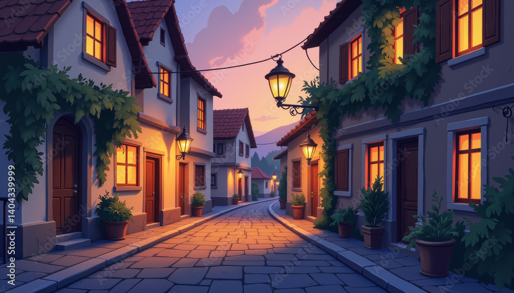 Obraz premium Charming Village Street at Dusk with Warm Illuminated Windows 