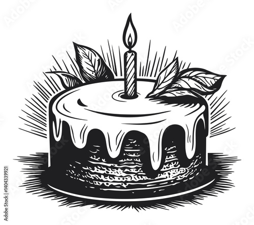 Engraving of a Classic Birthday Cake with Candle and Leaves