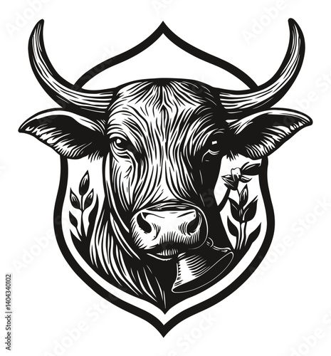 Detailed Black and White Engraving of a Cow Within a Shield Design