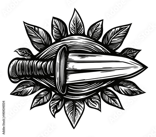 Engraved Dagger Surrounded by Leaves in Vintage Style Illustration