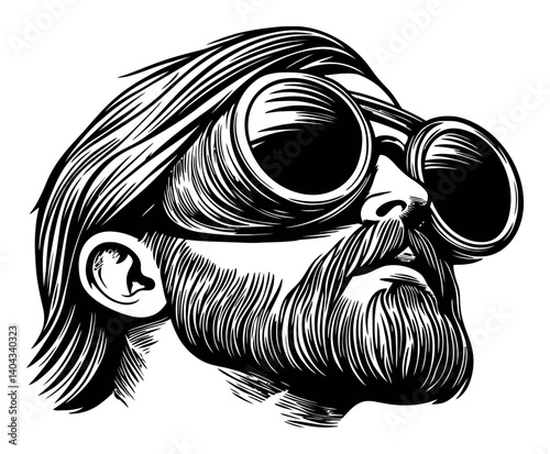 Vintage Engraving of a Man Wearing Stylish Goggles and Beard