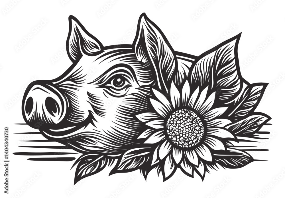 Obraz premium Engraved Pig Illustration with Sunflower and Leaves Design