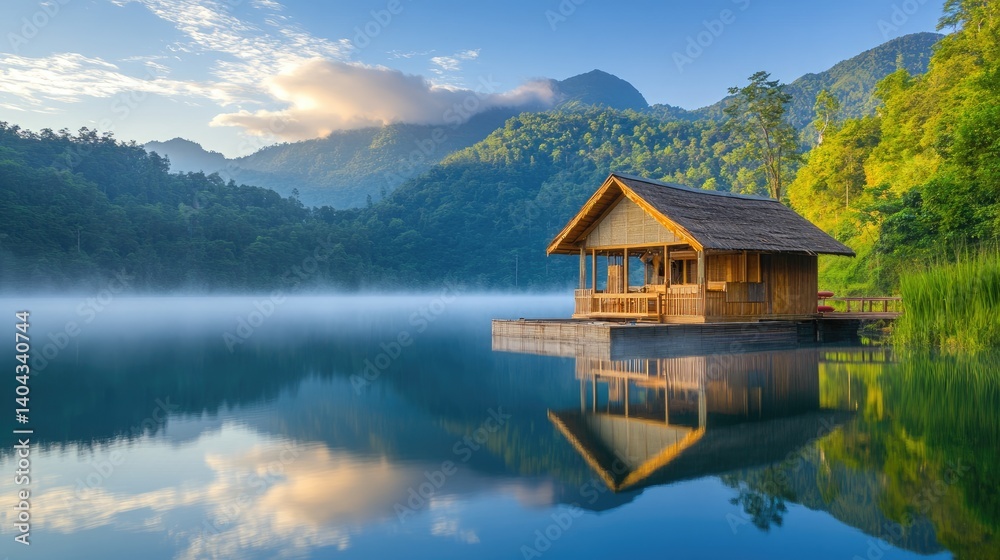 Fototapeta premium Tranquil morning at water resort with golden light and still lake surface