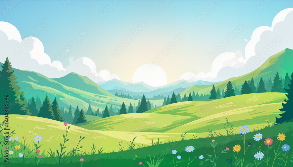 Obraz premium Vibrant landscape with rolling hills and colorful flowers 
