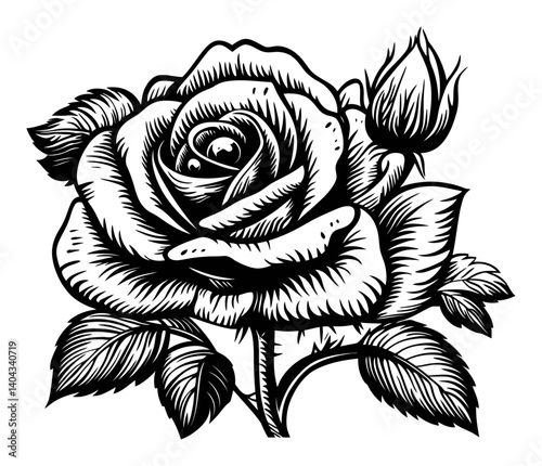 Detailed Black and White Engraving of a Rose Flower Design