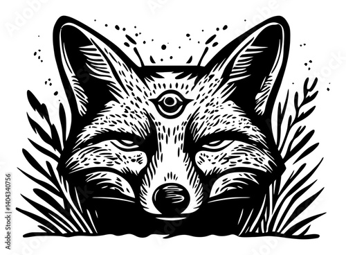 Intricate Engraving of a Fox with Mystical Third Eye Design