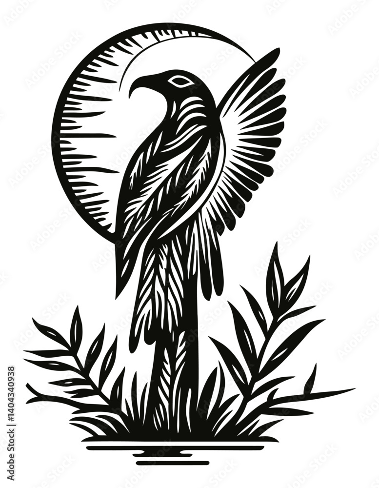 Obraz premium Detailed Black and White Engraving of a Stylized Bird Design