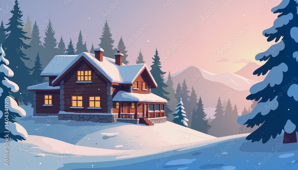 Naklejka premium Cozy wooden cabin in winter landscape at sunset