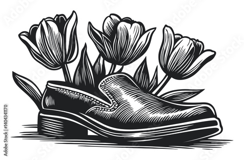 Vintage Engraving of Shoe Surrounded by Beautiful Tulips