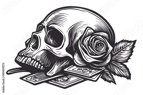 Skull Engraving with Rose and Playing Cards for Artistic Inspiration