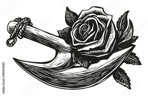 Elegant Engraving of a Rose and Sickle with Detailed Lines