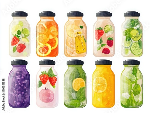 White background displaying a variety pack of healthy detox juices.