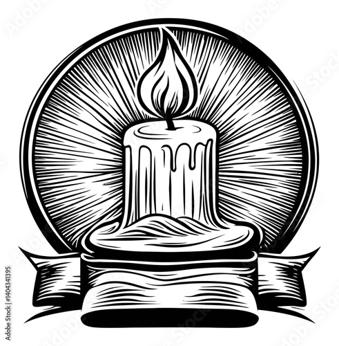 Detailed Engraving of a Candle with a Flame and Decorative Banner