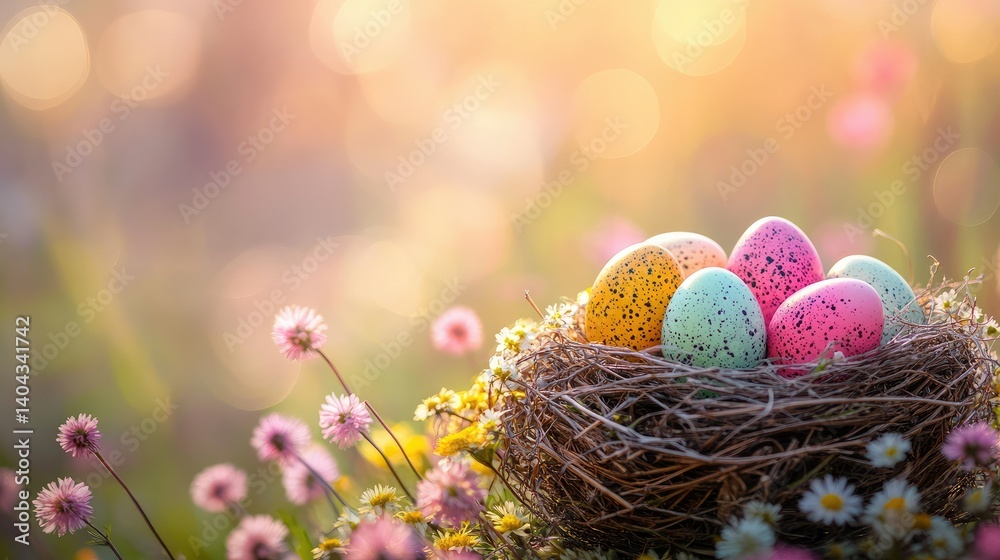 Create 10 prompts for stock photos related to aster background with colorful eggs in nest with flowers. Soft volumetric light, bokeh effect with 150-200 characters and ending with Create 10 prompts for stock photos related to aster background with colorful eggs in nest with flowers. Soft volumetric light, bokeh effect with 150-200 characters and ending with