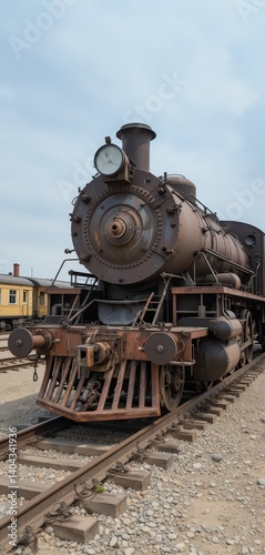 A vibrant red train engine rests on the gleaming steel tracks, surrounded by lush greenery. The sun casts a warm glow, highlighting its intricate details and powerful stance.