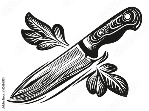 Detailed Engraving of a Kitchen Knife with Leafy Accents