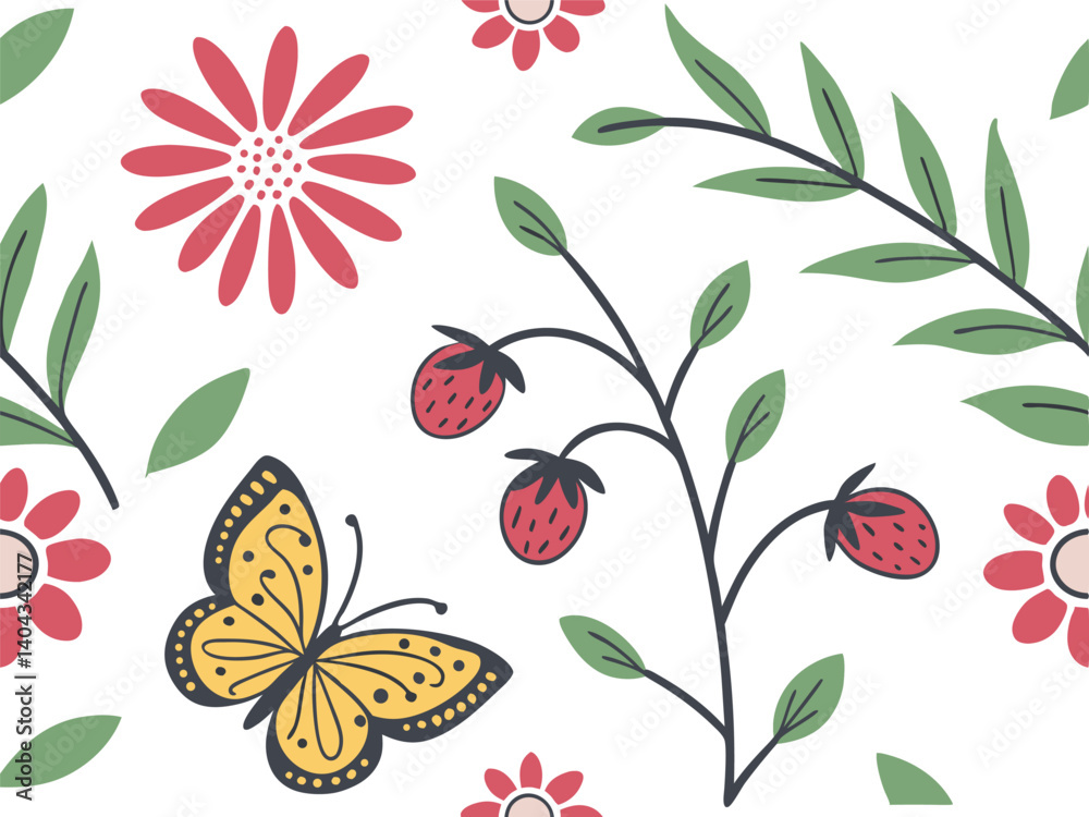 Floral Butterfly Pattern – Nature-Inspired Botanical and Insect Seamless Design
butterfly, flower, leaf, berry, pattern, nature, spring, botanical, seamless, garden.